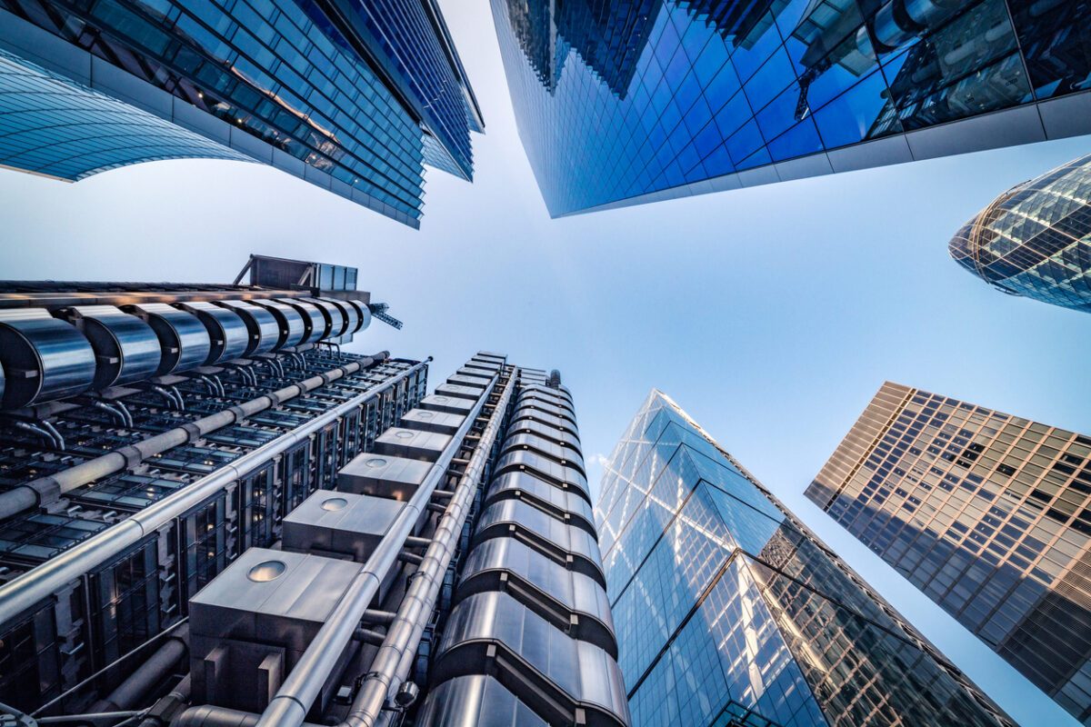Looking up at financial-district skyscrapers