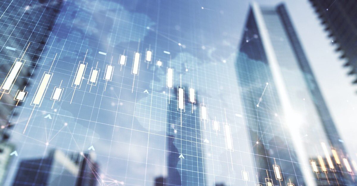 Financial market data over a modern skyscraper
